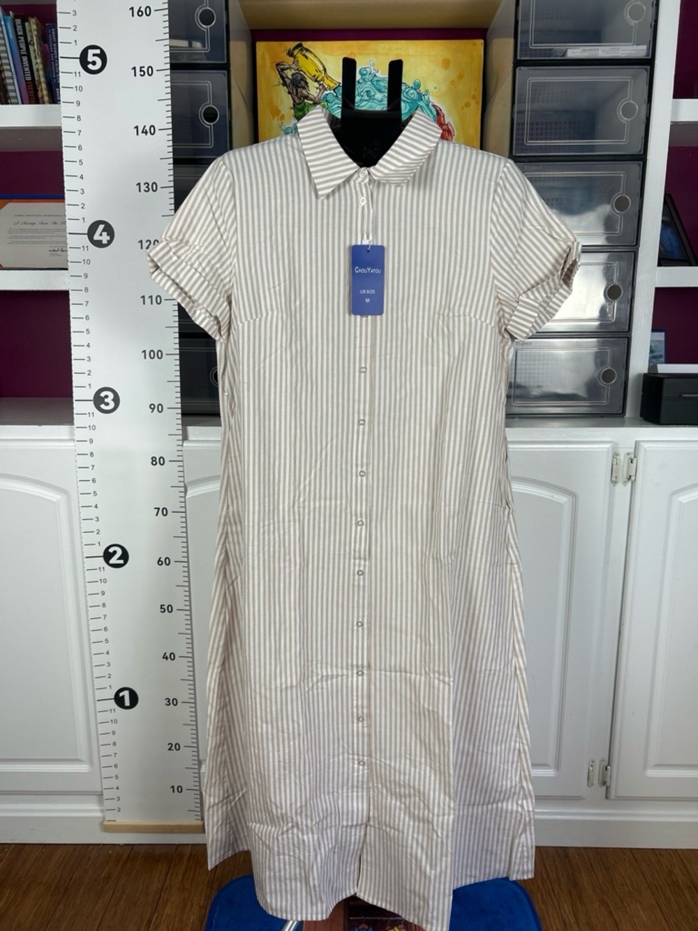 Classic Striped Button-Down Shirt Dress - Beige/White